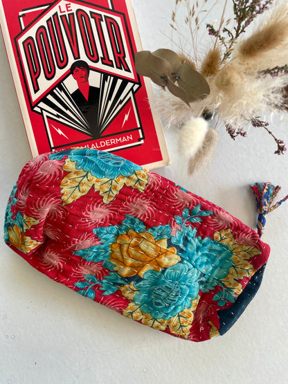 Trousse ronde en Kantha   | Rouge