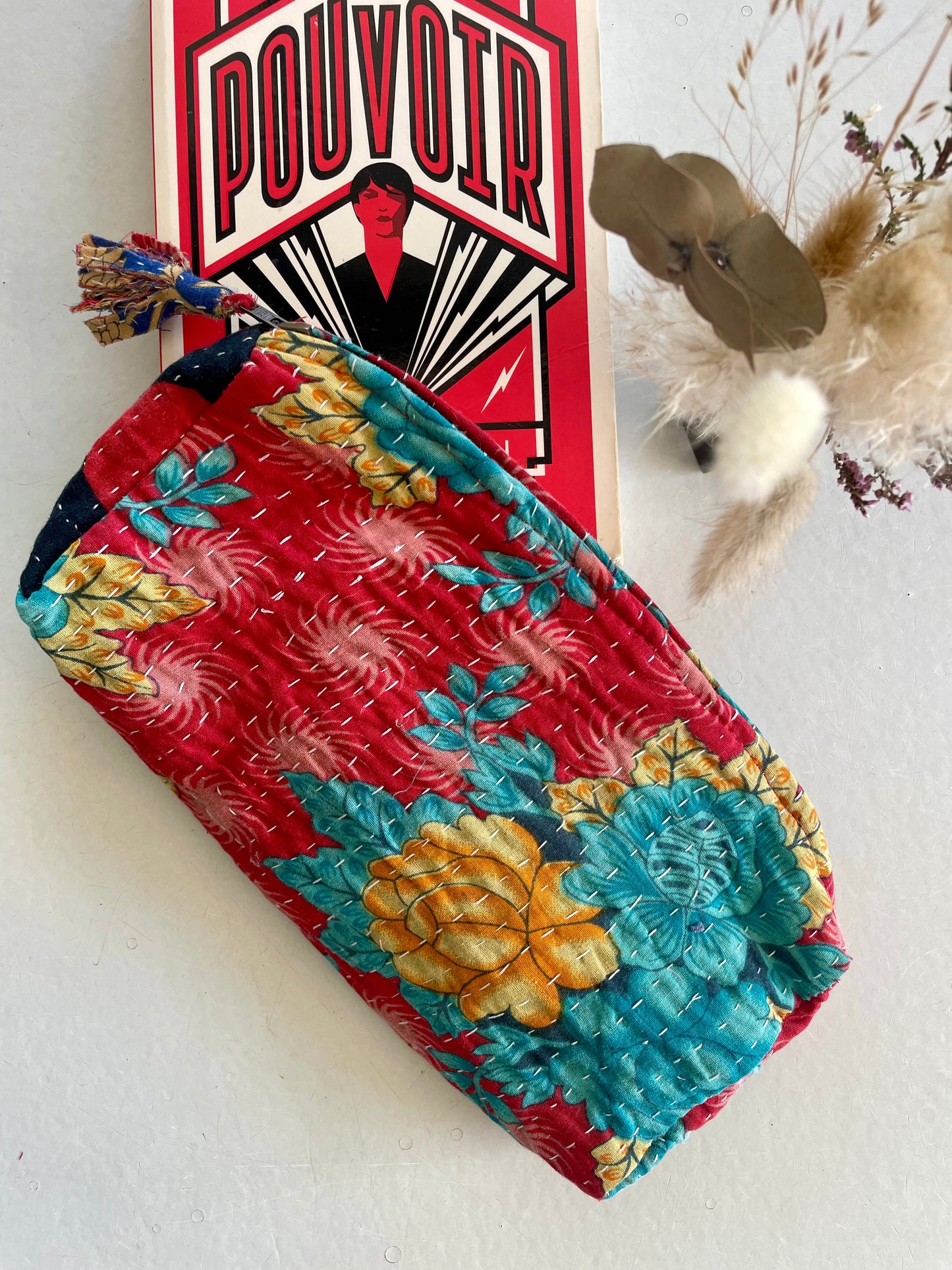 Trousse ronde en Kantha   | Rouge