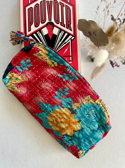Trousse ronde en Kantha   | Rouge