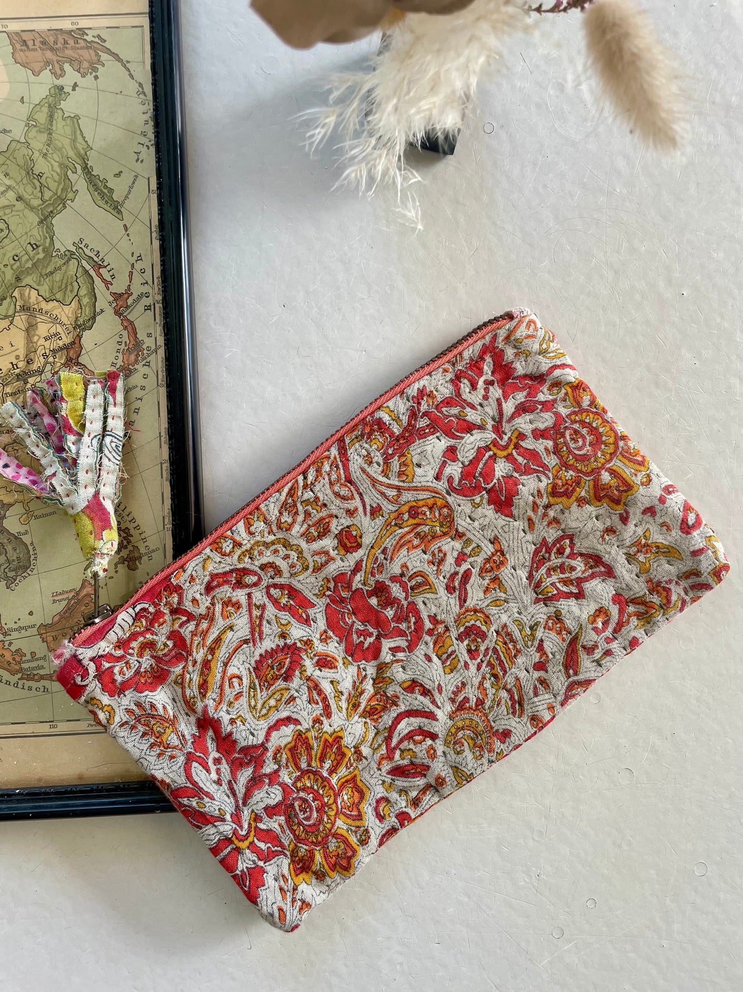 Petite pochette en kantha   |  rouge orangé