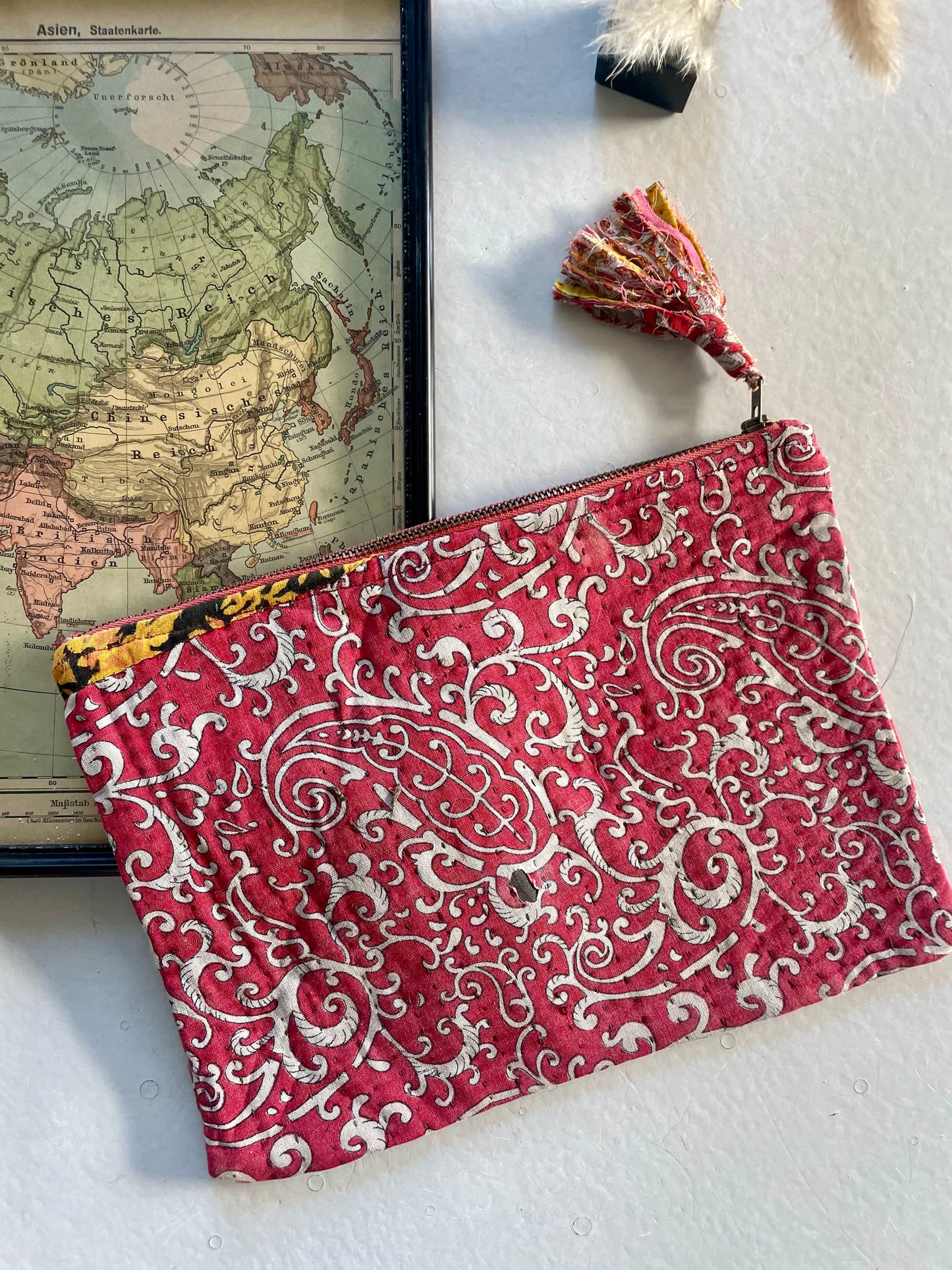 Grande pochette en kantha   | rouge orangé