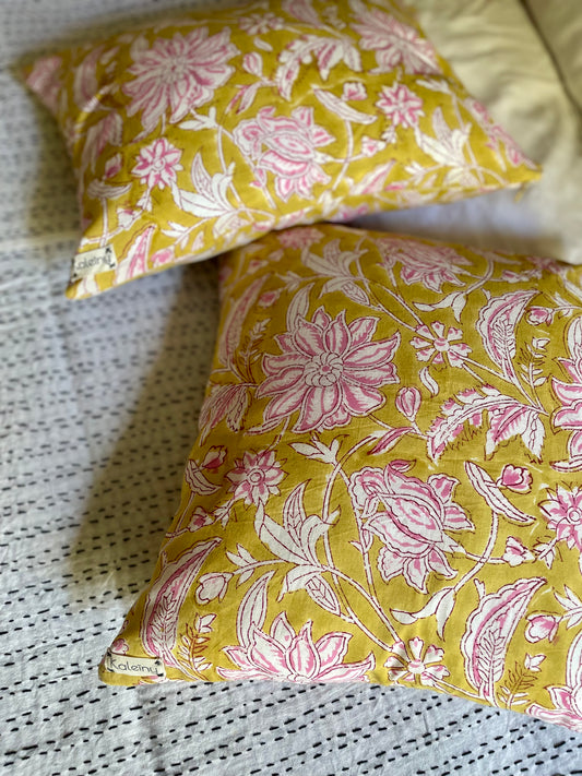 Housse de coussin blockprint   | Moutarde