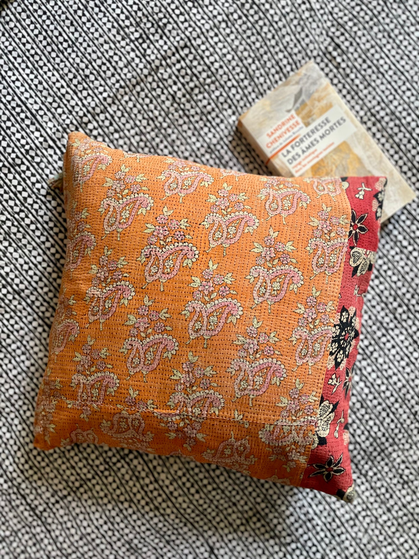 Housse de coussin en kantha   |  Orangé rouge