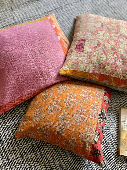 Housse de coussin en kantha   |  Orangé rouge