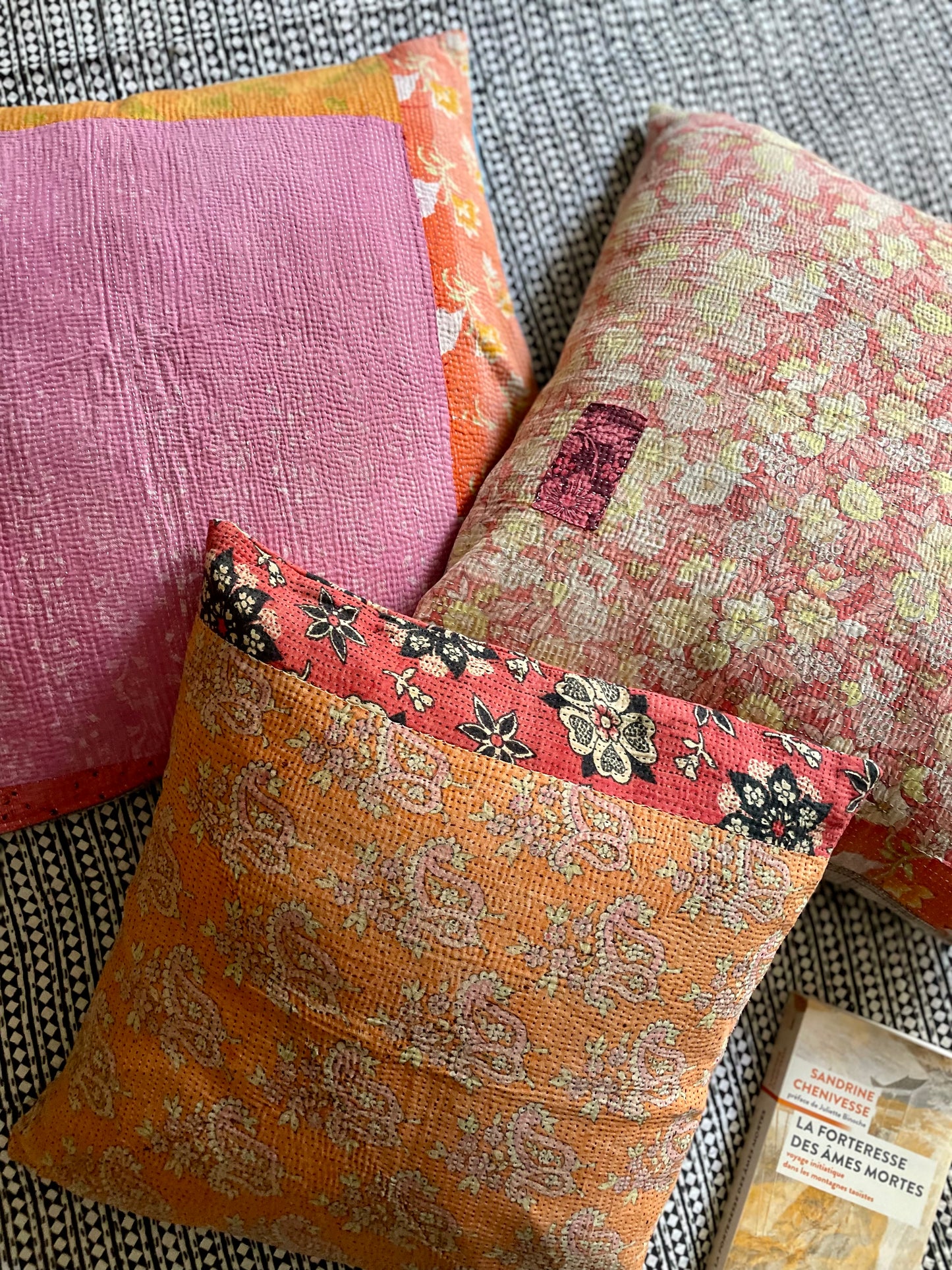 Housse de coussin en kantha   |  Orangé rouge