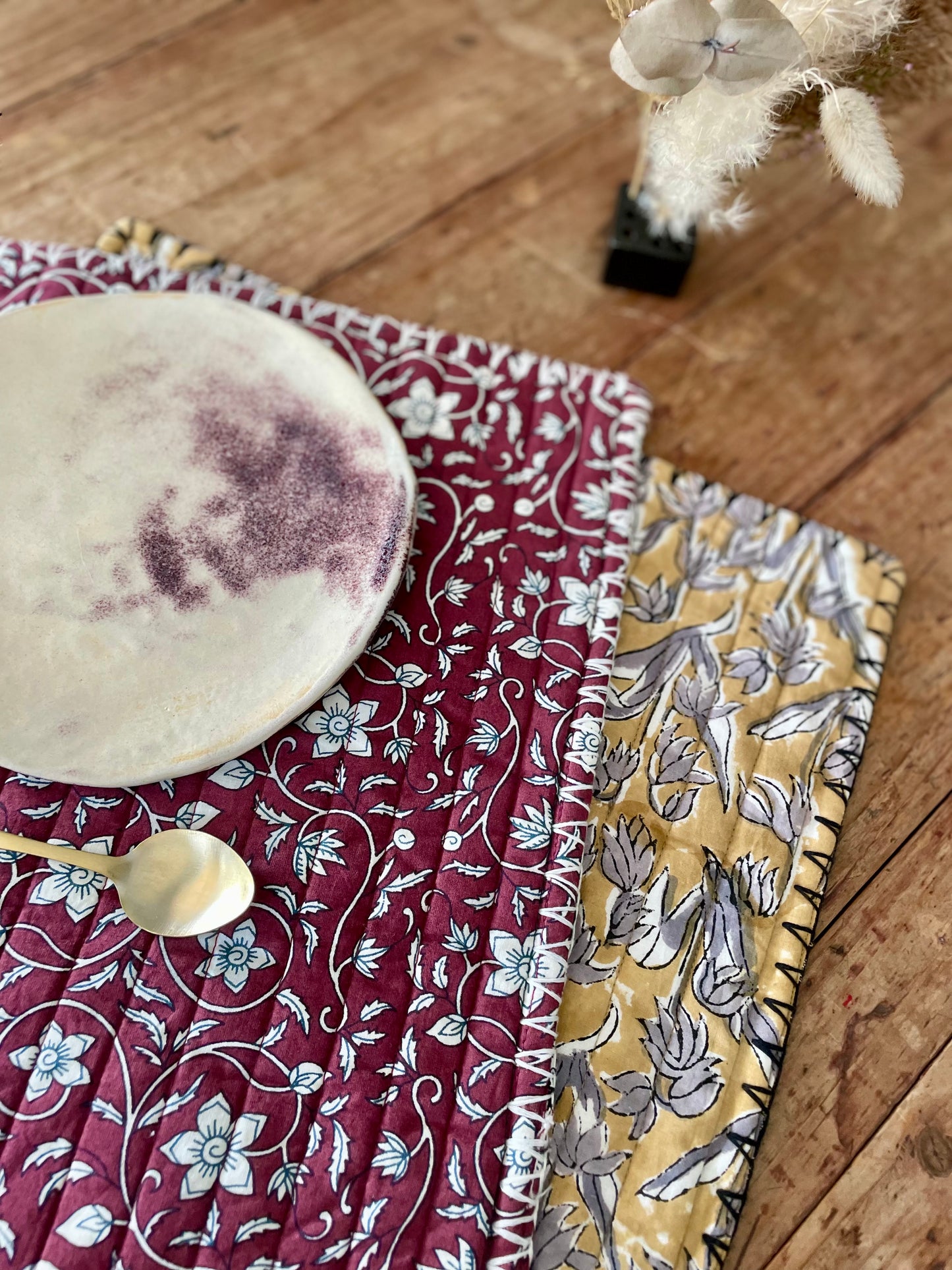 Set de table en blockprint matelassé | Collection fleurie & vichy  |  ARCHIVES
