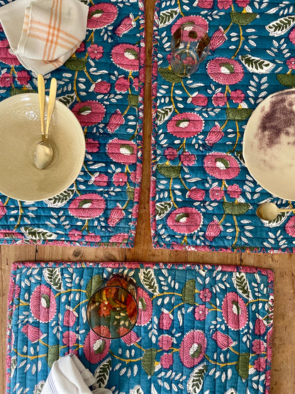 Set de table en blockprint matelassé  | Collection bleu-rose  | ARCHIVES