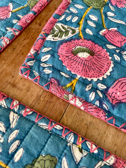 Set de table en blockprint matelassé  | Collection bleu-rose  | ARCHIVES