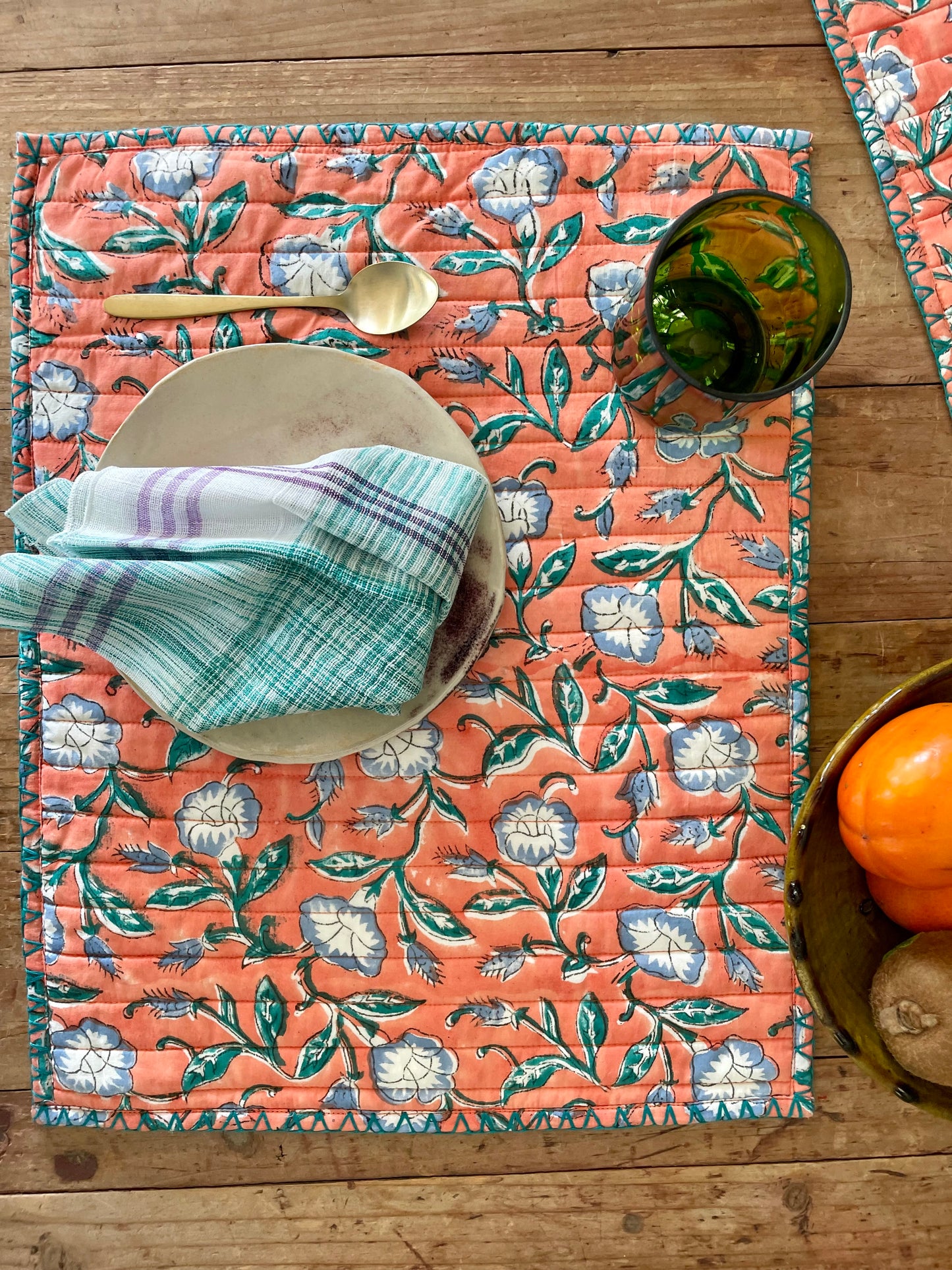 Set de table en blockprint matelassé  | Collection orangée  |  ARCHIVES