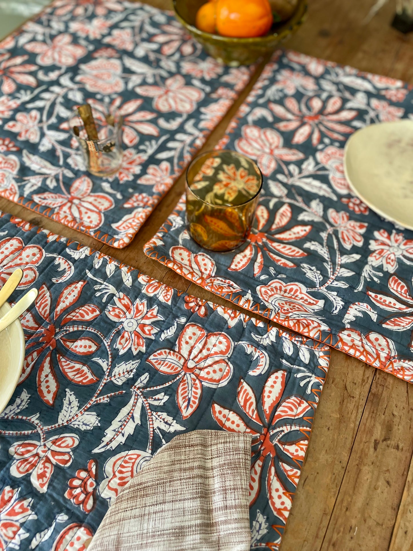 Set de table en blockprint matelassé   | Collection Bleu orangé  |  ARCHIVES