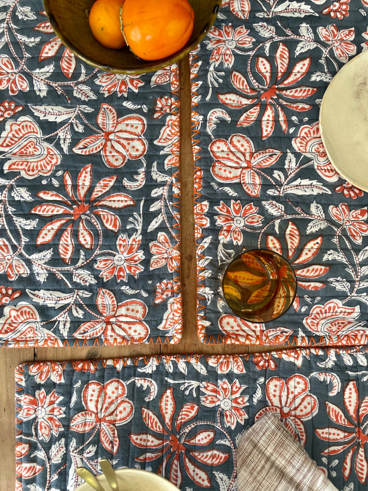 Set de table en blockprint matelassé   | Collection Bleu orangé  |  ARCHIVES