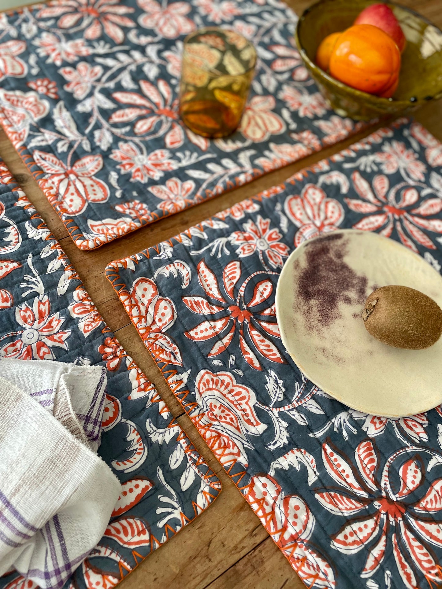 Set de table en blockprint matelassé   | Collection Bleu orangé  |  ARCHIVES