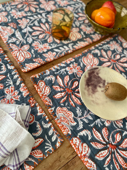 Set de table en blockprint matelassé   | Collection Bleu orangé  |  ARCHIVES