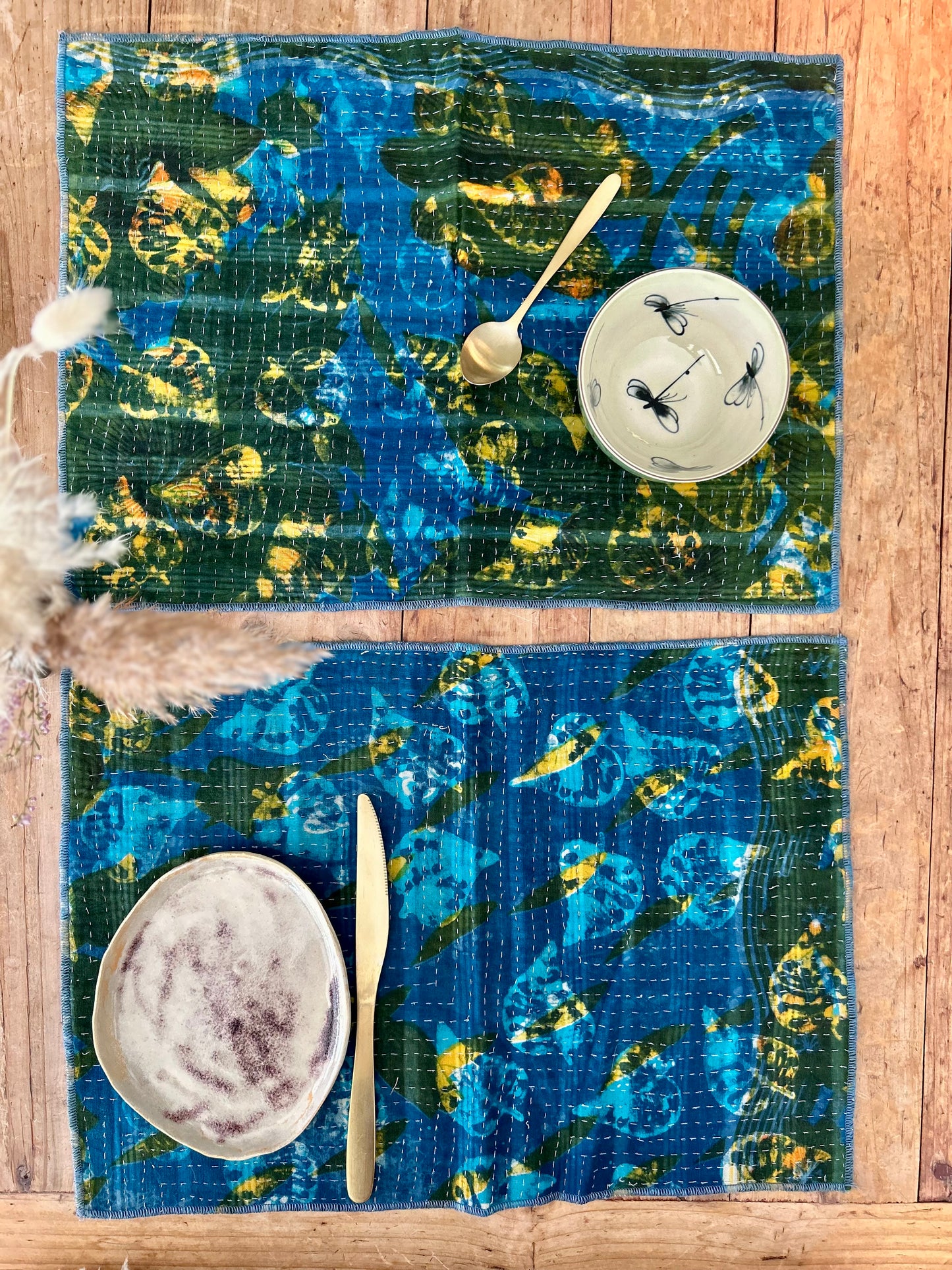 Lot de 2 sets de table en Kantha vintage Bleu- Vert