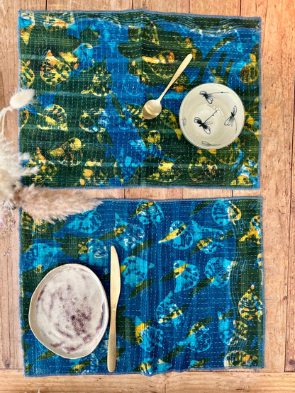 Lot de 2 sets de table en Kantha vintage Bleu- Vert