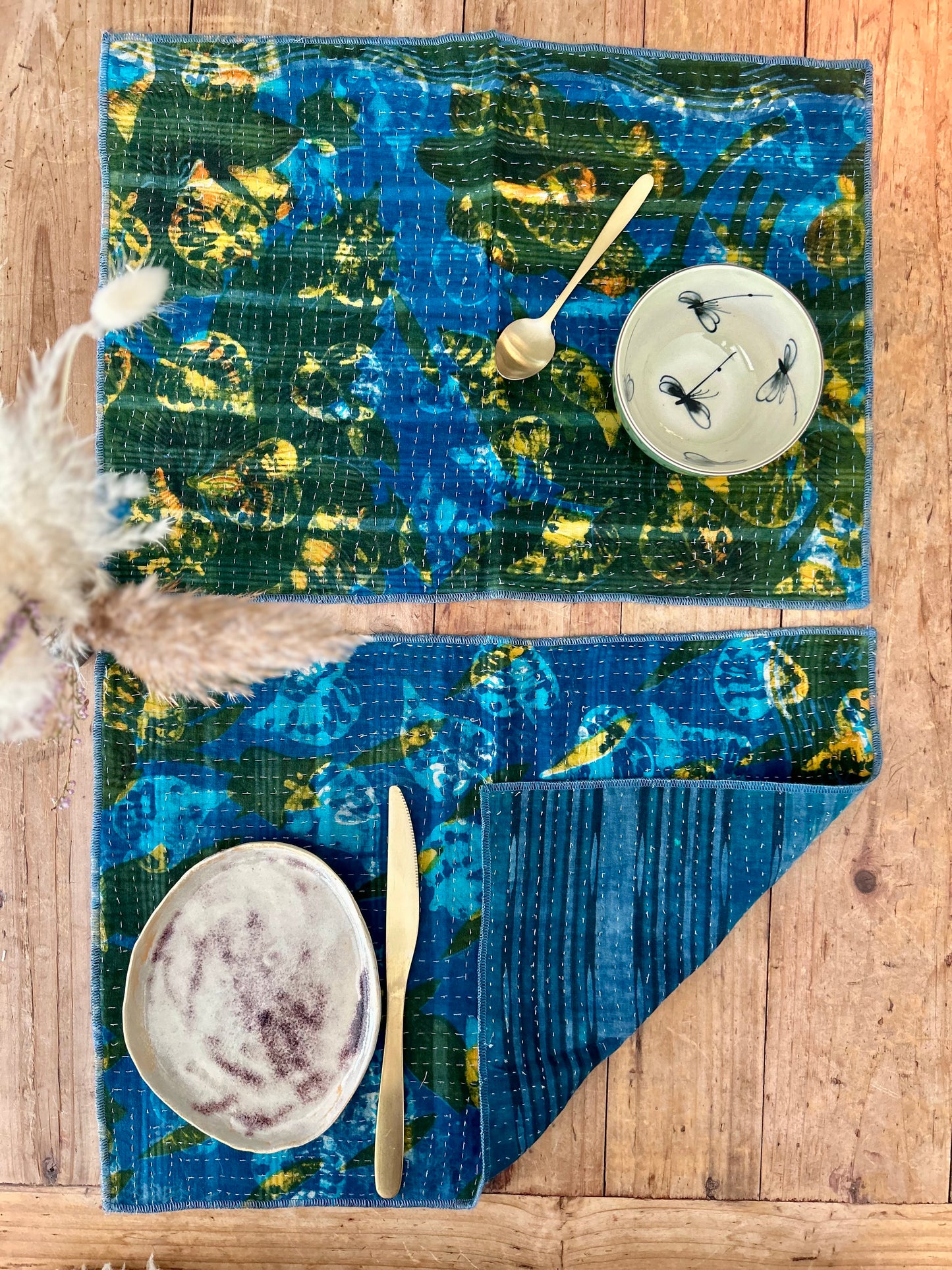 Lot de 2 sets de table en Kantha vintage Bleu- Vert