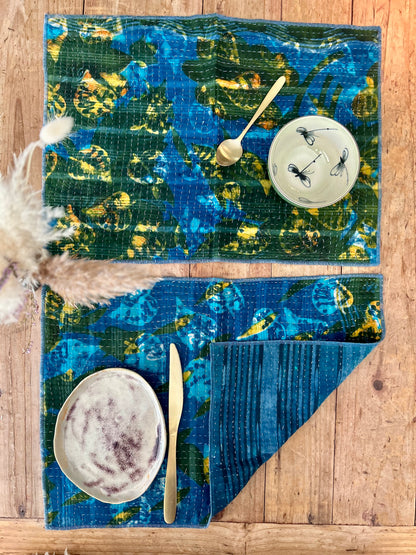 Lot de 2 sets de table en Kantha vintage Bleu- Vert