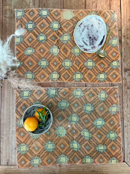 Lot de 2 sets de table en Kantha vintage Abricot-Violet