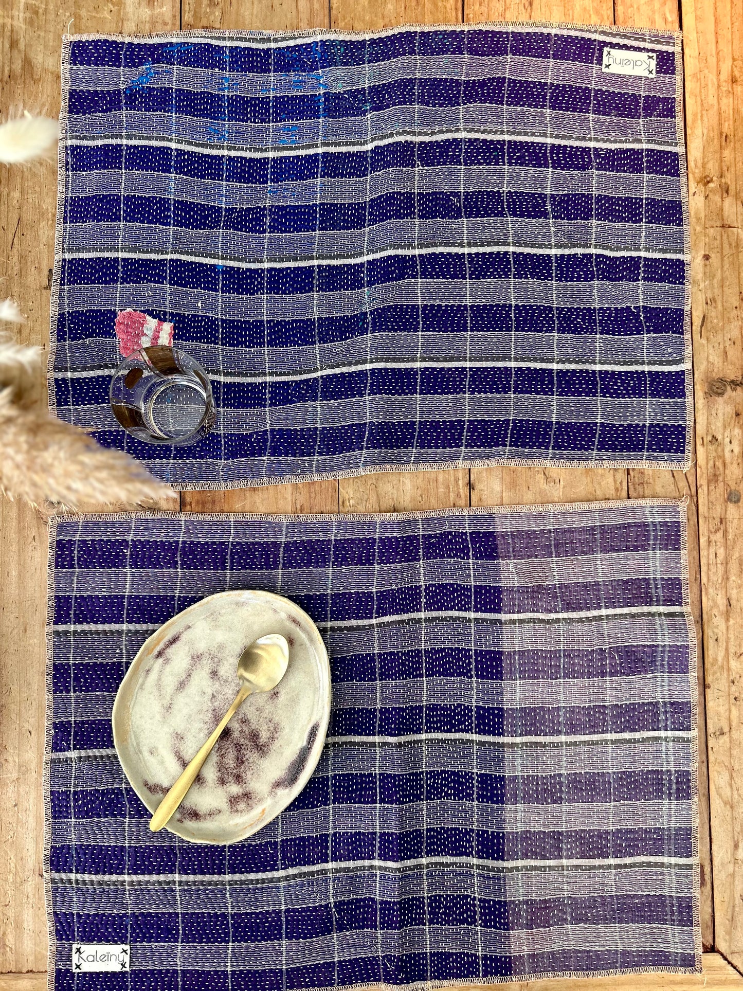 Lot de 2 sets de table en Kantha vintage Abricot-Violet