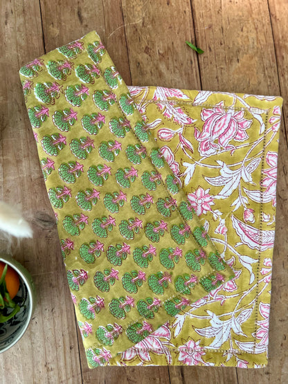 Set de table en coton blockprint réversible Vert /  Moutarde