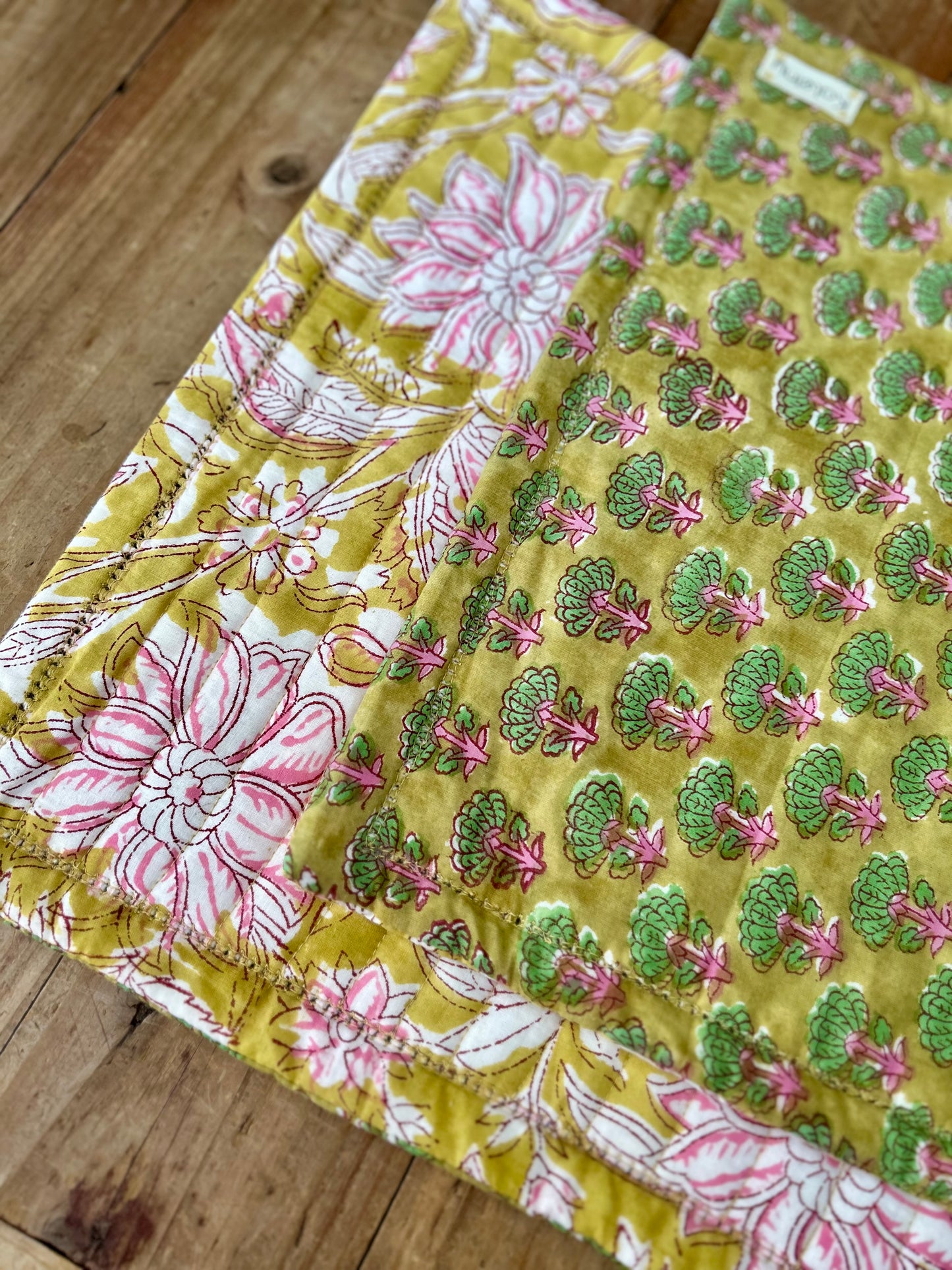 Set de table en coton blockprint réversible Vert /  Moutarde