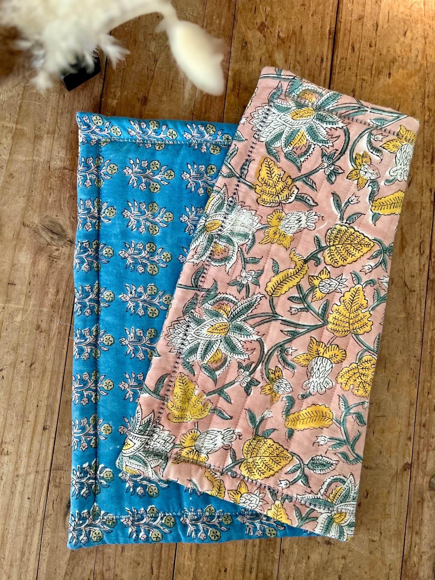 Set de table en coton blockprint réversible Bleu /  Vieux rose