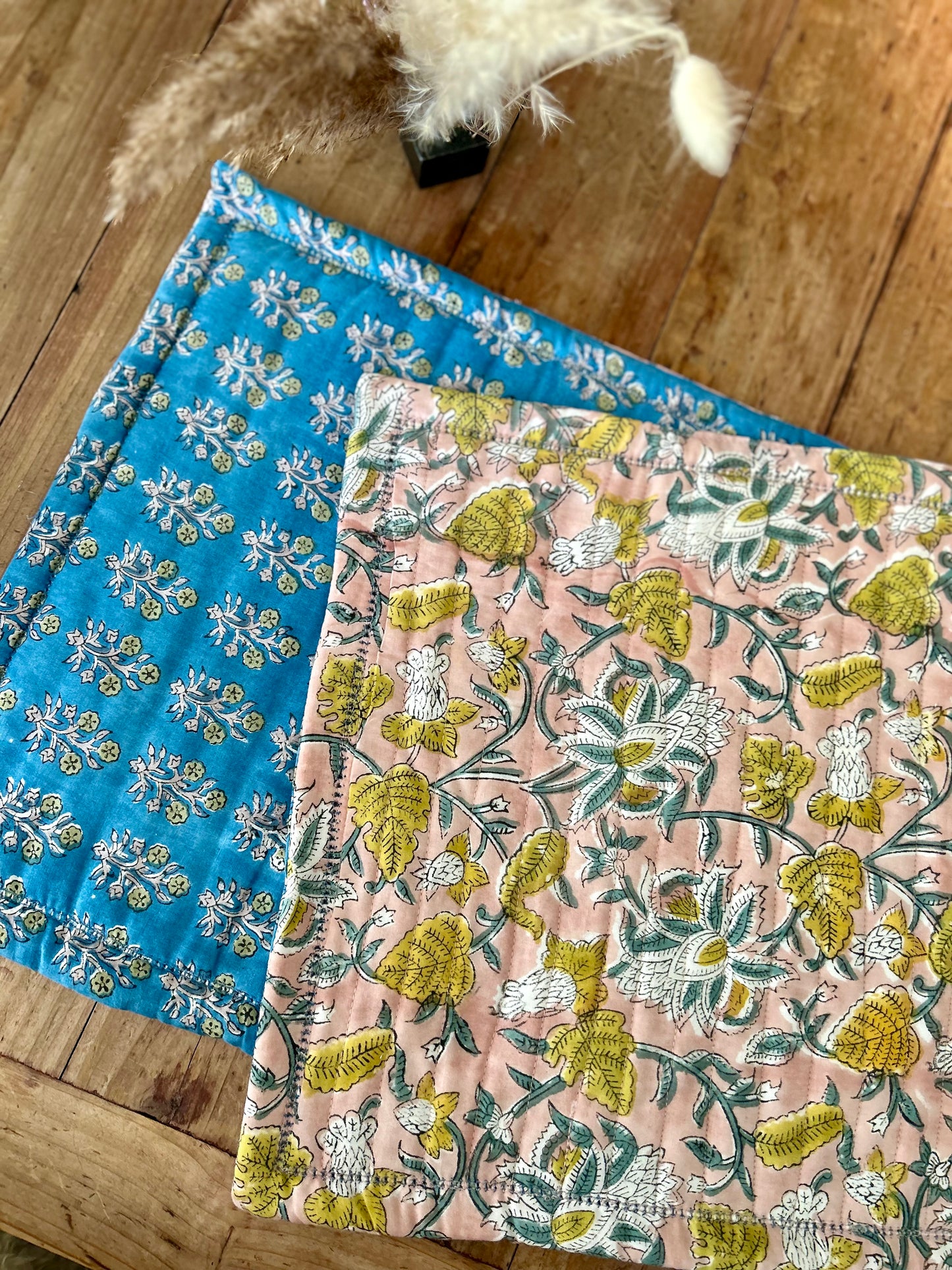 Set de table en coton blockprint réversible Bleu /  Vieux rose