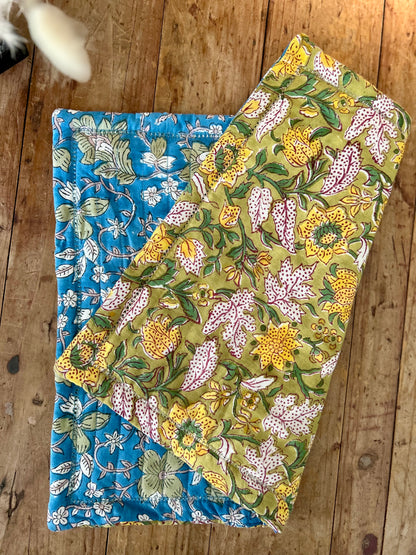 Set de table en blockprint réversible Bleu /  Vert anis