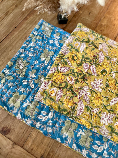 Set de table en blockprint réversible Bleu /  Vert anis