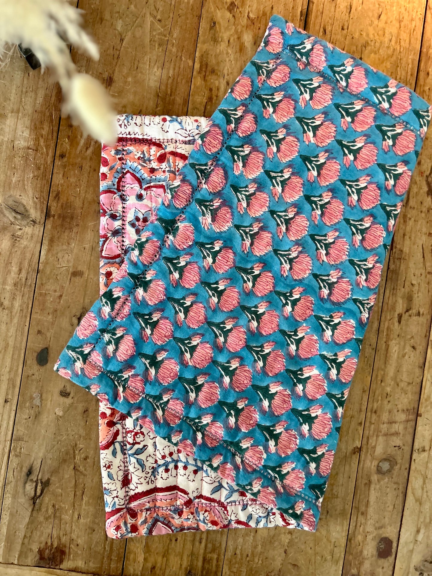 Set de table en coton blockprint réversible Bleu /  Blanc