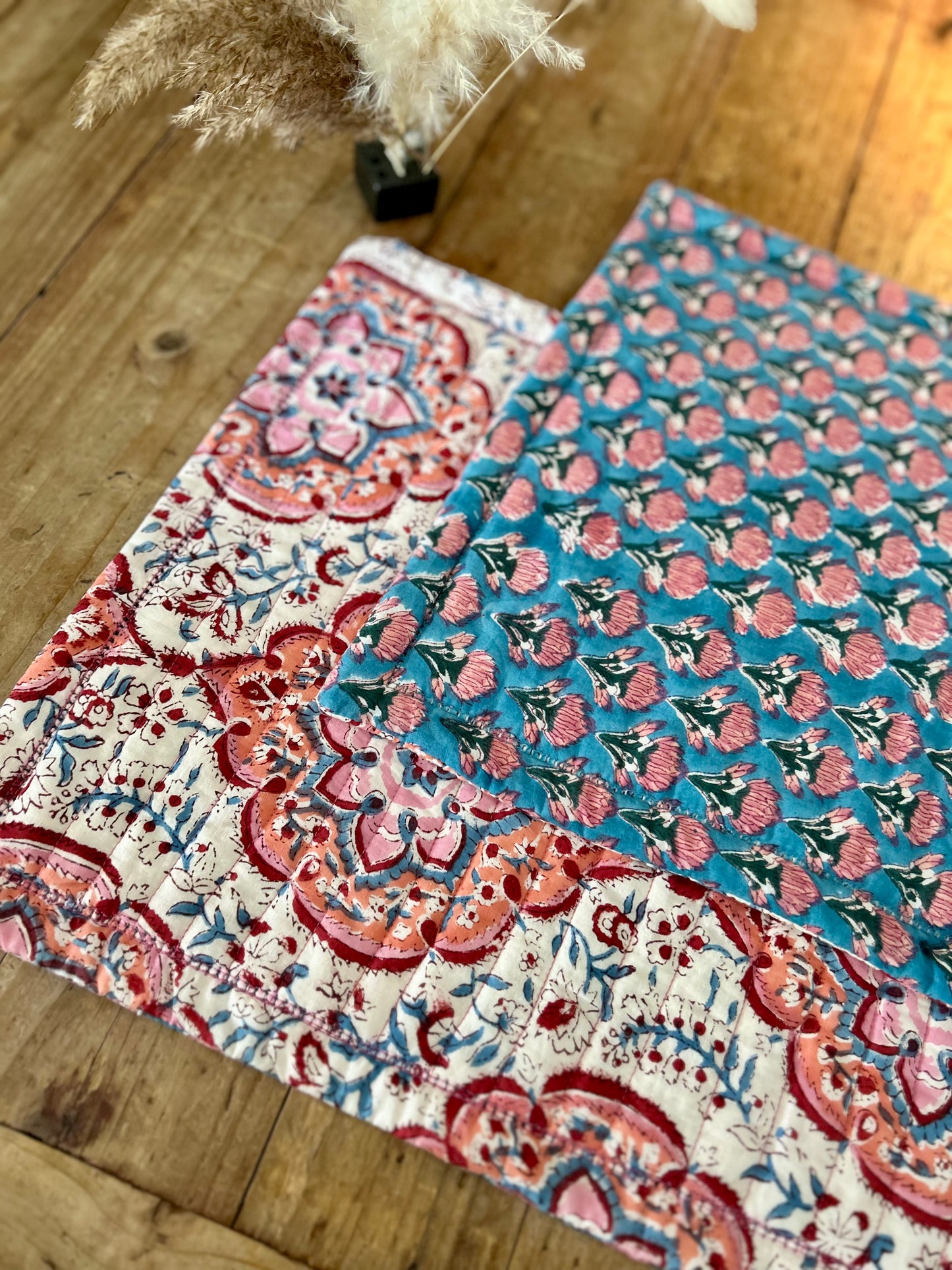 Set de table en coton blockprint réversible Bleu /  Blanc