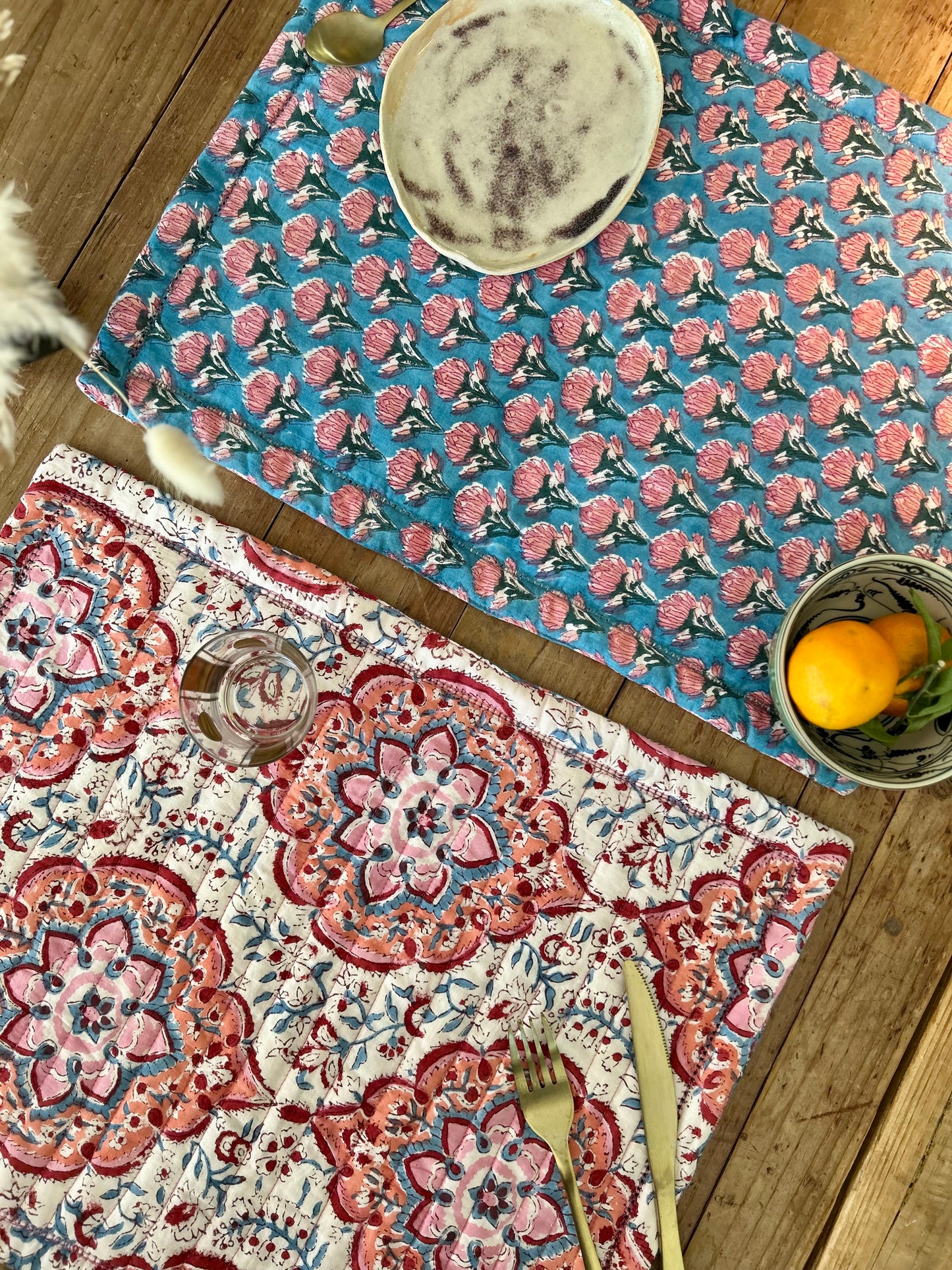 Set de table en coton blockprint réversible Bleu /  Blanc