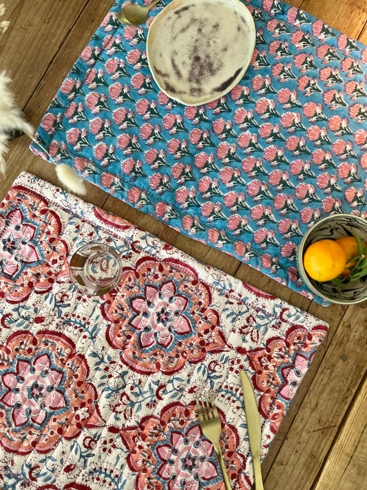 Set de table en coton blockprint réversible Bleu /  Blanc