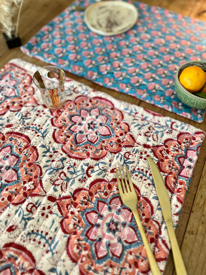 Set de table en coton blockprint réversible Bleu /  Blanc