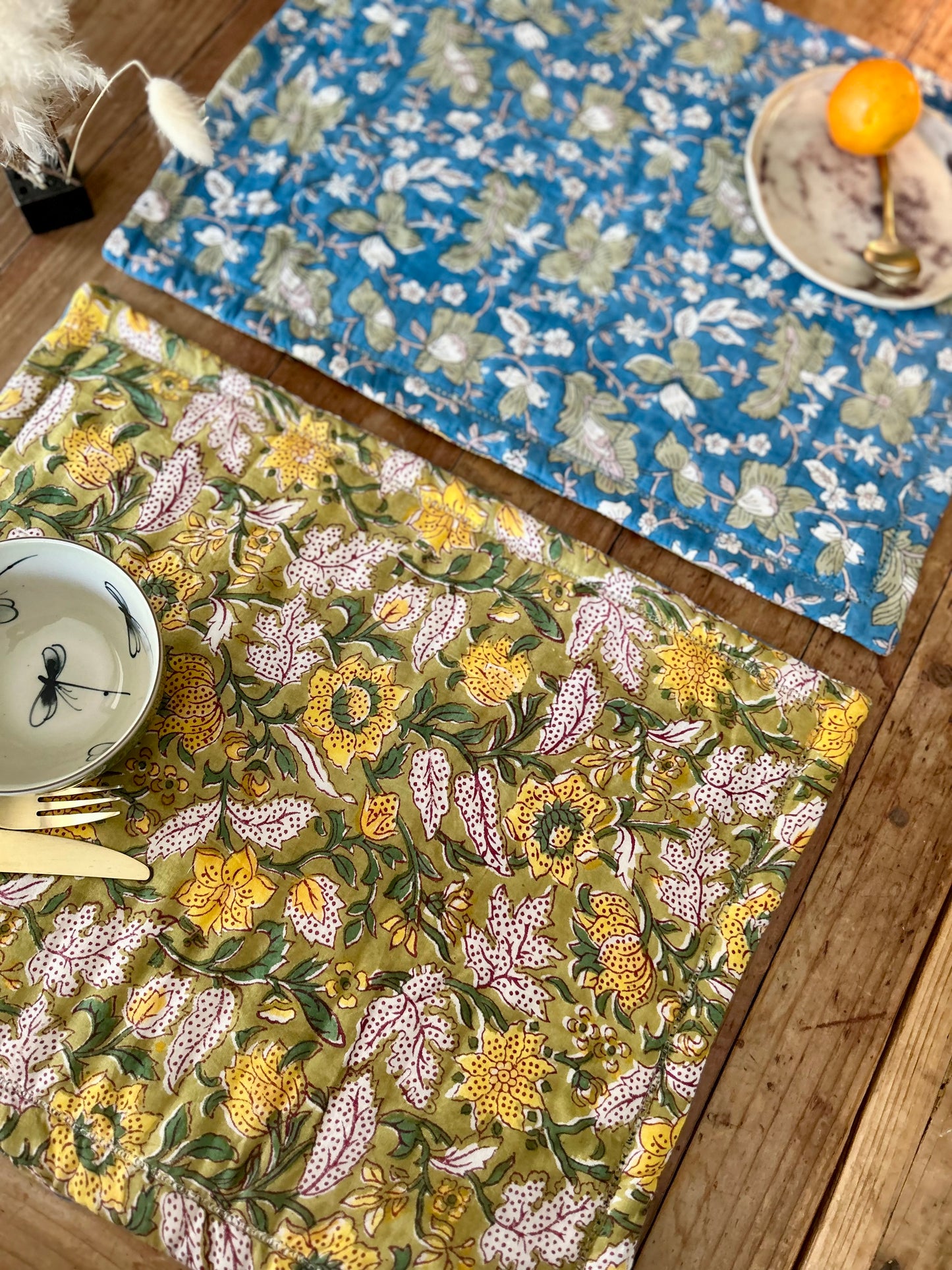 Set de table en blockprint réversible Bleu /  Vert anis