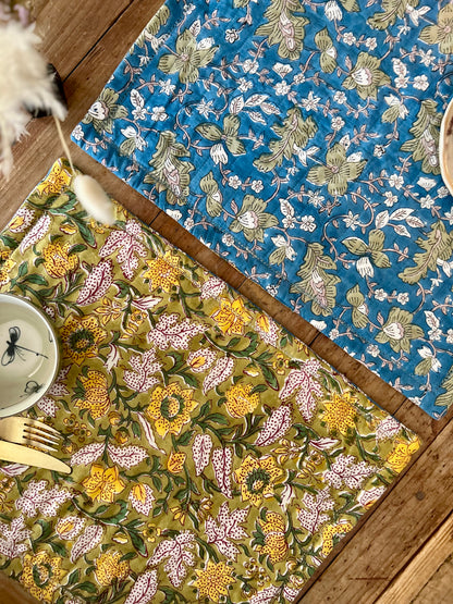 Set de table en blockprint réversible Bleu /  Vert anis
