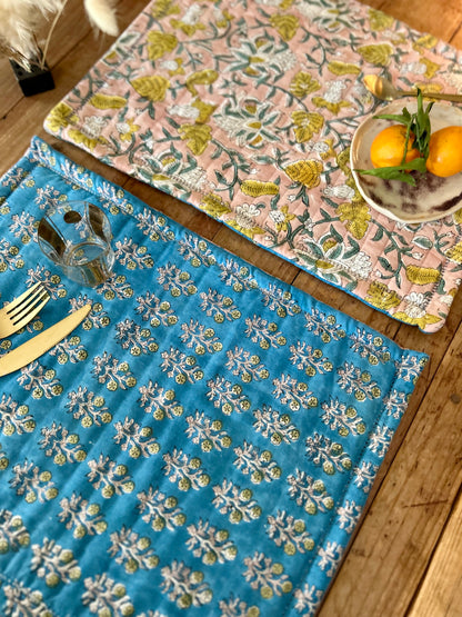 Set de table en coton blockprint réversible Bleu /  Vieux rose