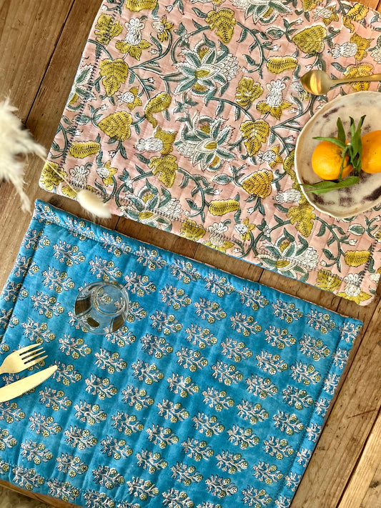 Set de table en coton blockprint réversible Bleu /  Vieux rose