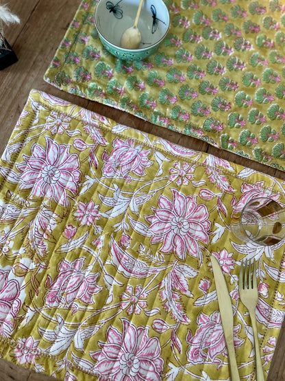 Set de table en coton blockprint réversible Vert /  Moutarde