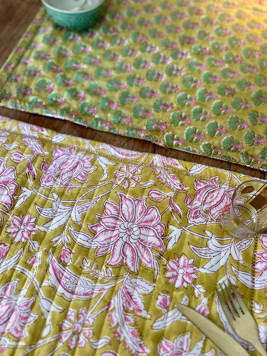 Set de table en coton blockprint réversible Vert /  Moutarde