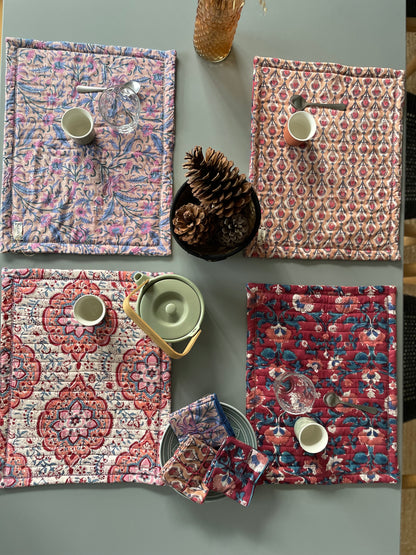 Set de table en coton blockprint réversible Bleu /  Blanc