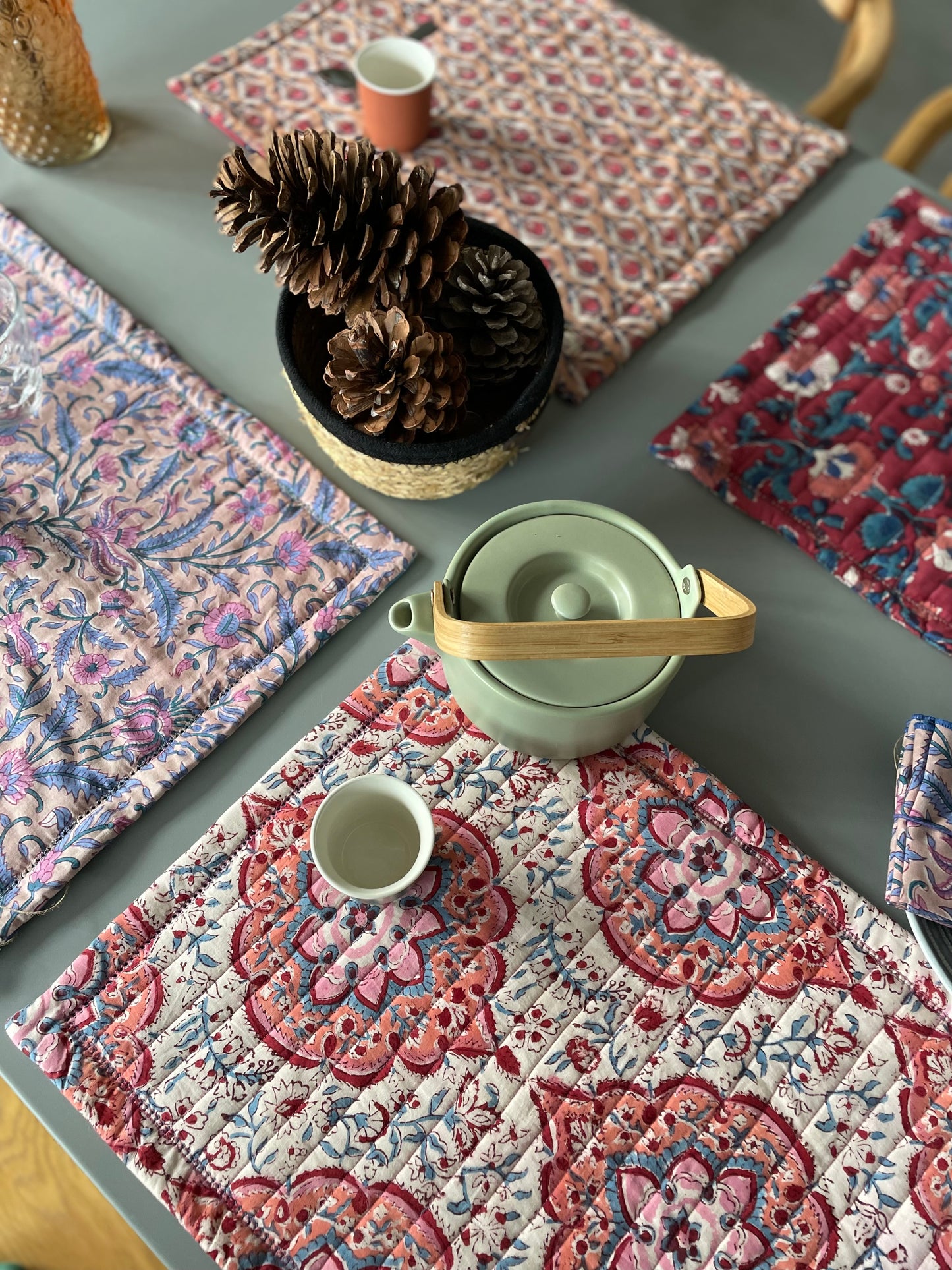 Set de table en coton blockprint réversible Bleu /  Blanc