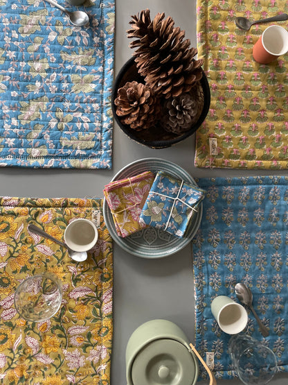 Set de table en coton blockprint réversible Vert /  Moutarde