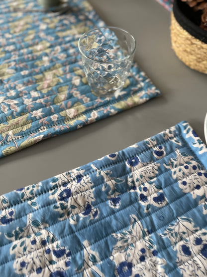 Set de table en coton blockprint réversible Bleu /  Mauve