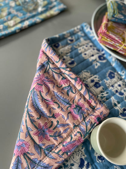 Set de table en coton blockprint réversible Bleu /  Mauve