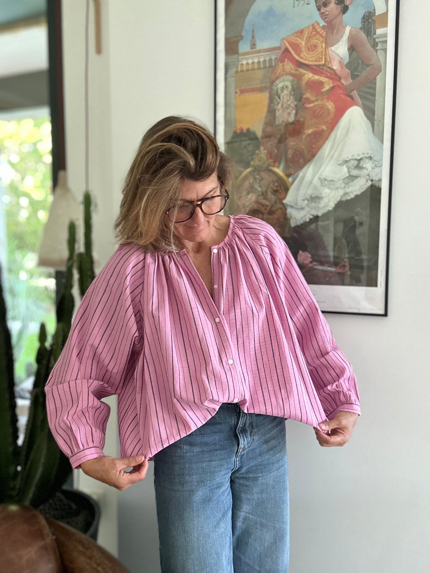 Blouse GEETA en coton Khadi rayé gris foncé & rose