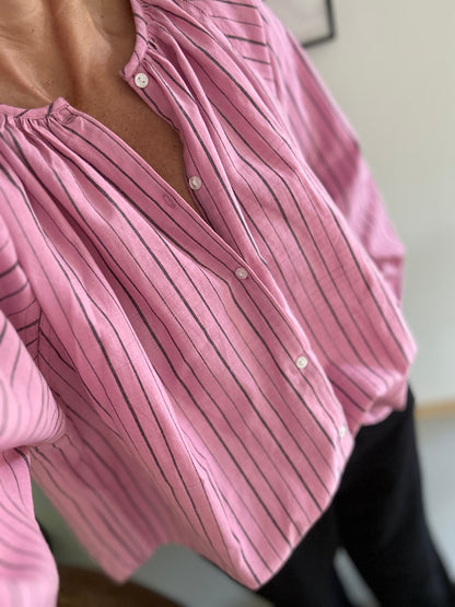 Blouse GEETA en coton Khadi rayé gris foncé & rose