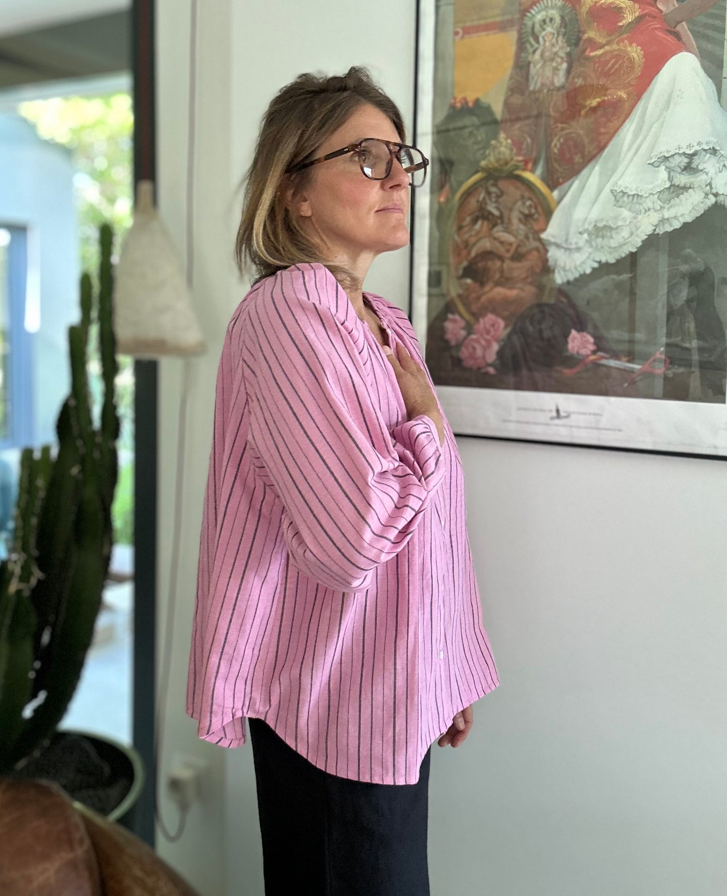 Blouse GEETA en coton Khadi rayé gris foncé & rose