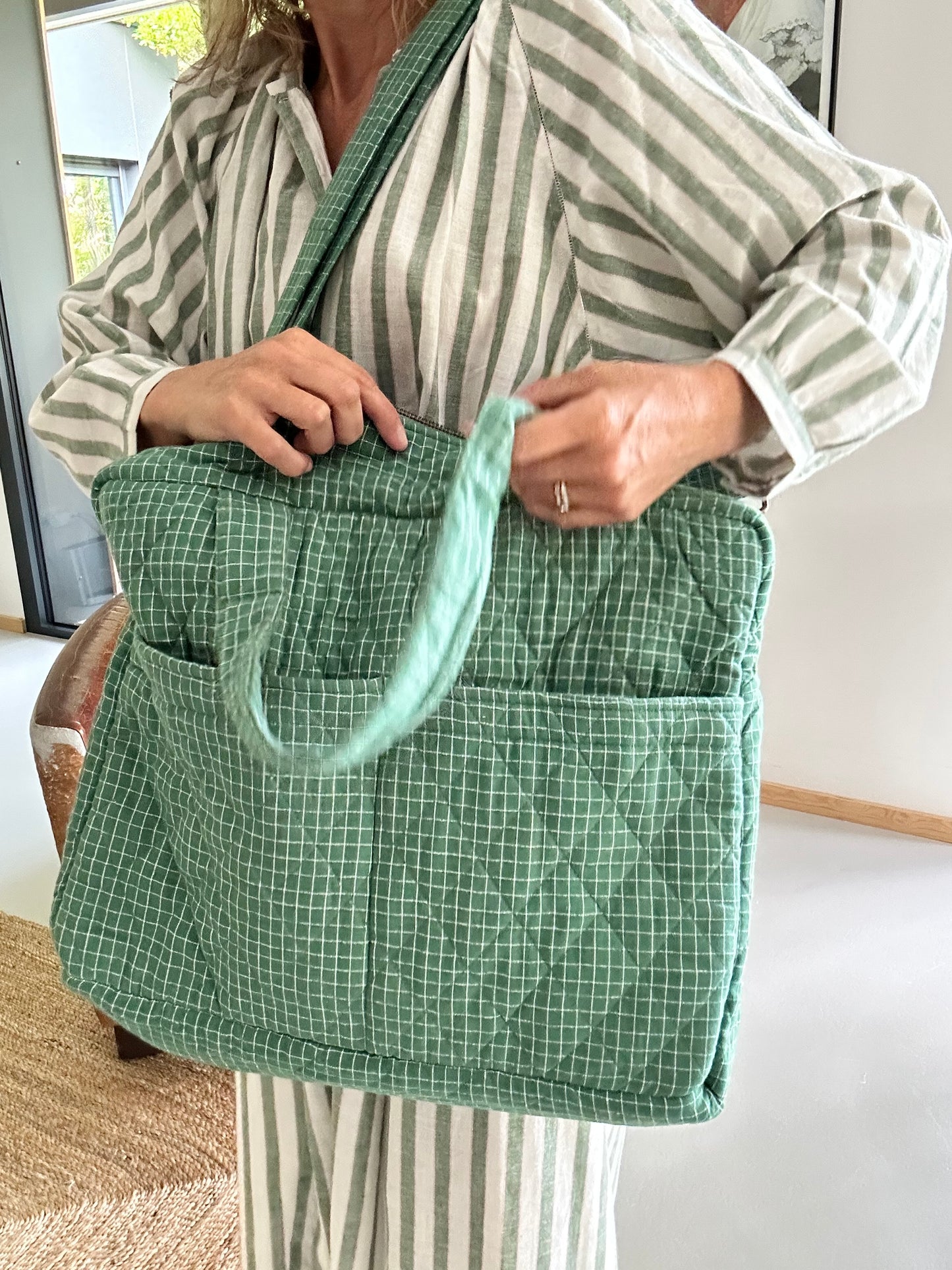 CABA en coton khadi matelassé vert à petits carreaux
