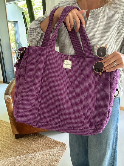 CABA en coton khadi matelassé violet  à petits carreaux